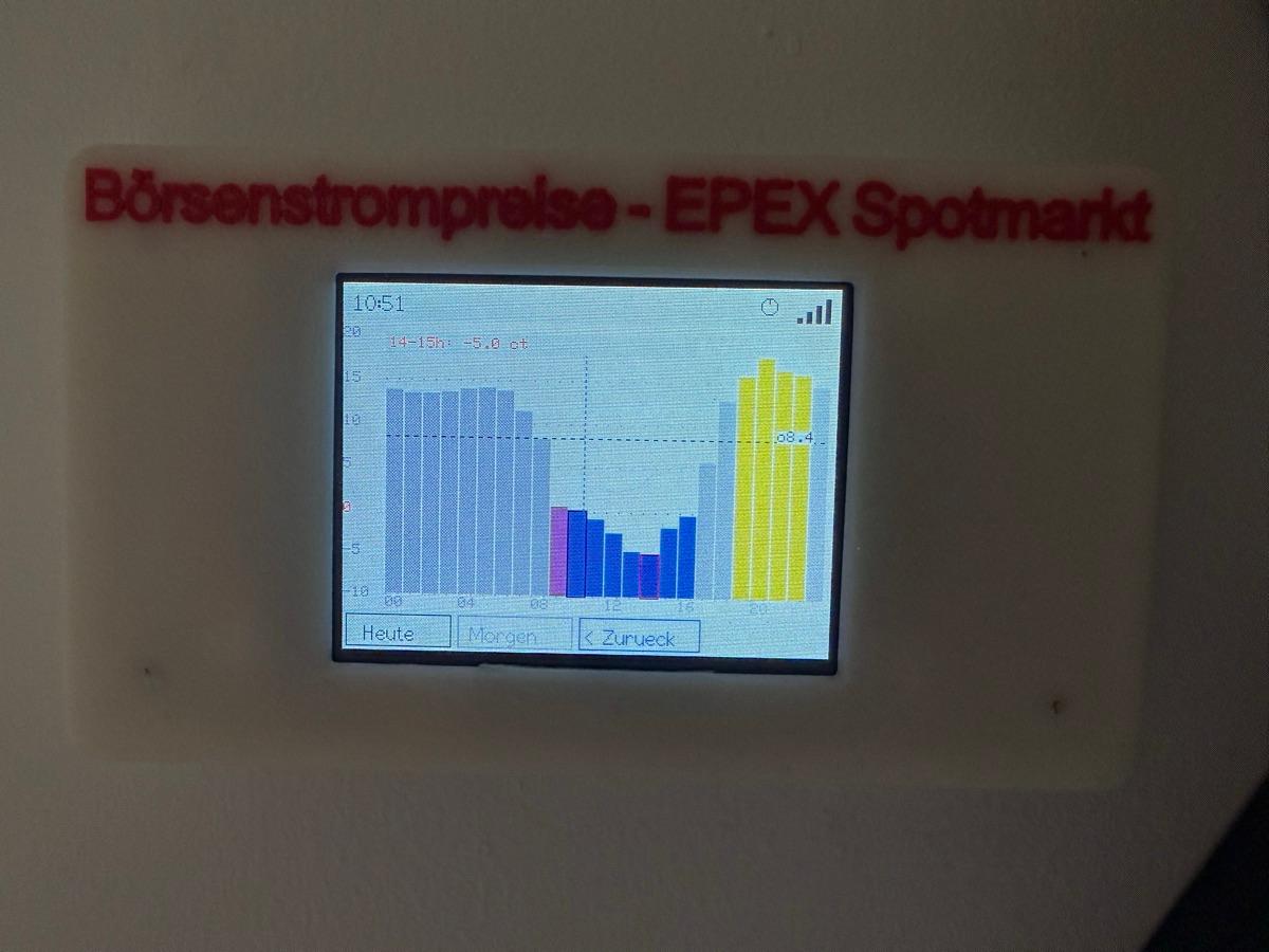 Wall-mounted price display in a 3D-printed housing labelled Börsenstrompreise — EPEX Spotmarkt